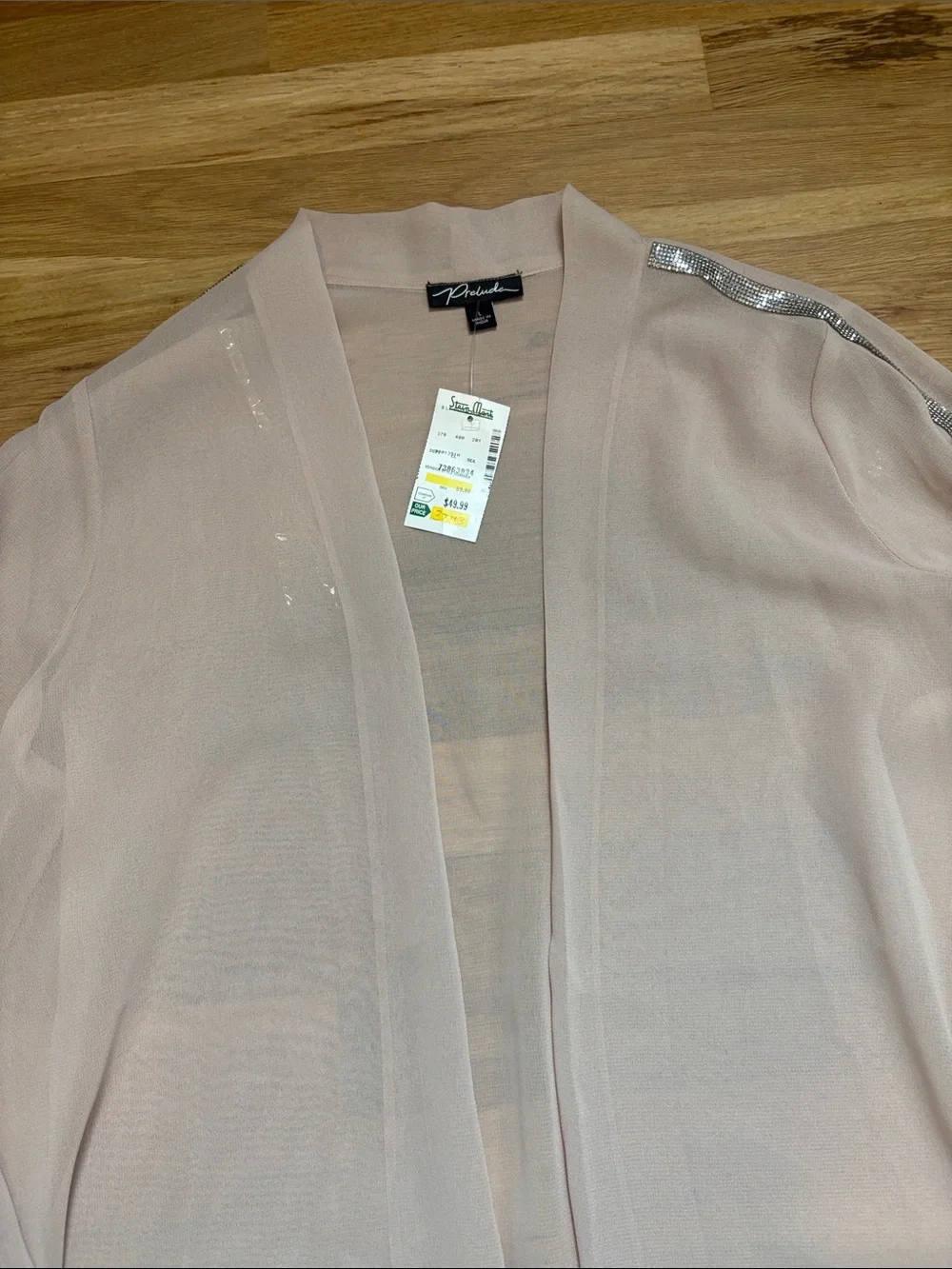 NWT Prelude Blush Sheer Open Front Cardigan with Crystal Sleeve Detail